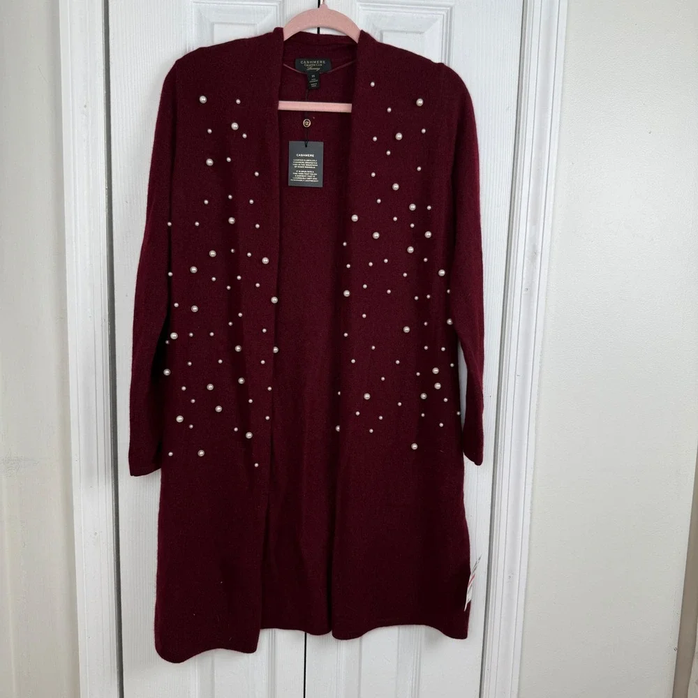 Charter Club Luxury Cashmere‎ Pearl Embellished Cardigan Burgundy XS Duster